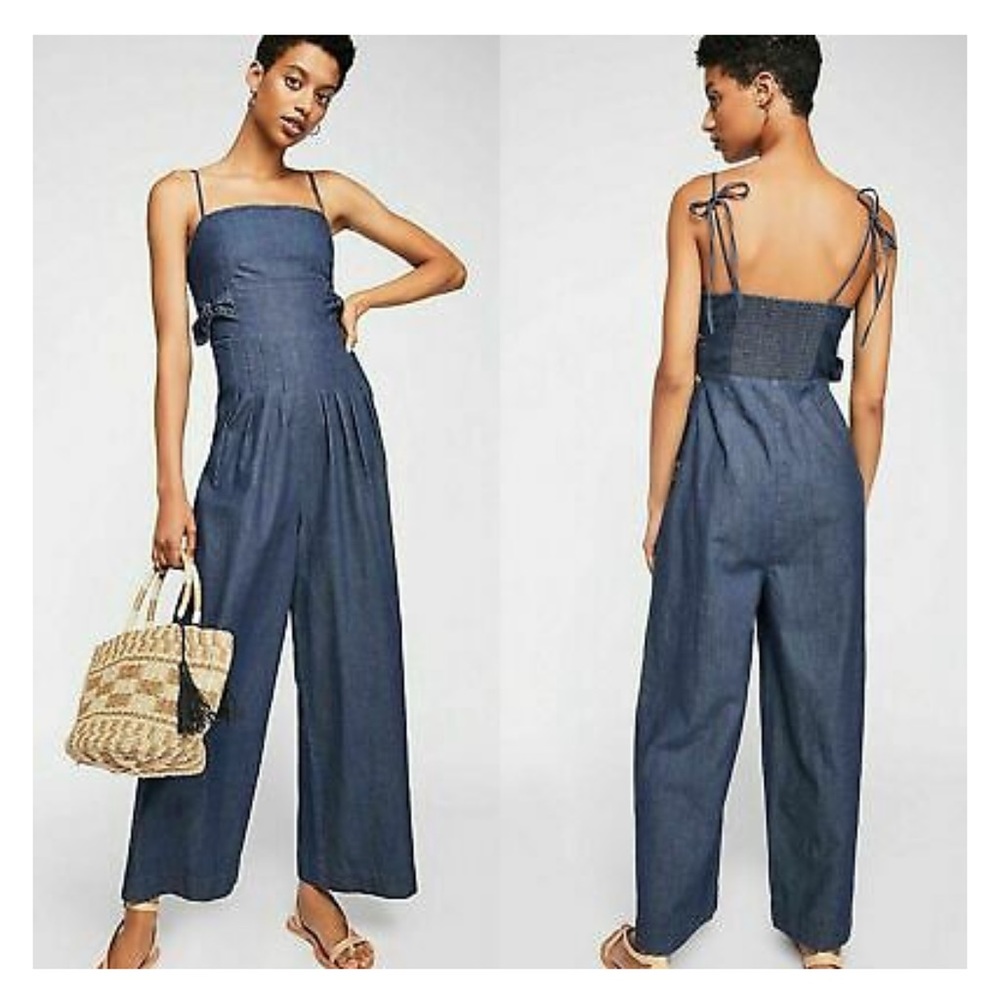 Free People Denim Blue Tie-Shoulder Wide-Leg Jumpsuit